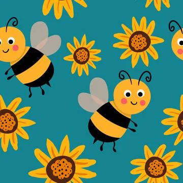 Seamless pattern with bees on floral background. Small wasp. Vector illustration Stock Illustration