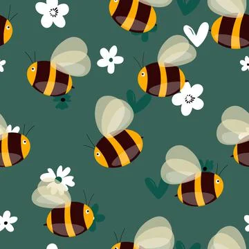 Seamless pattern with bees on floral background. Small wasp. Vector illustration Illustrazione stock