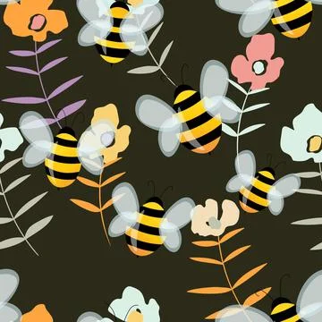 Seamless pattern with bees on floral background. Small wasp. Vector illustration Stock Illustration