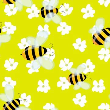 Seamless pattern with bees on floral background. Small wasp. Vector illustration Illustrazione stock