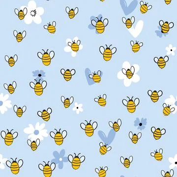 Seamless pattern with bees on floral background. Small wasp. Vector illustration 库存插图