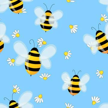 Seamless pattern with bees on floral background. Small wasp. Vector illustration イラスト素材