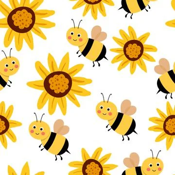 Seamless pattern with bees on floral background. Small wasp. Vector illustration Stockillustratie
