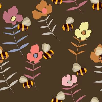 Seamless pattern with bees on floral background. Small wasp. Vector illustration Stock Illustration