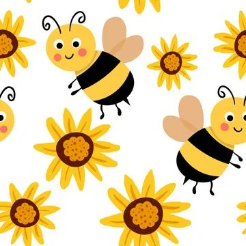 Seamless pattern with bees on floral background. Small wasp. Vector illustration Illustrazione stock