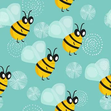 Seamless pattern with bees on floral background. Small wasp. Vector illustration Stock Illustration