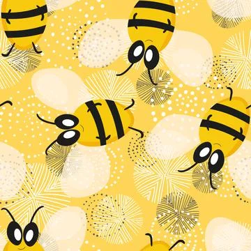 Seamless pattern with bees on floral background. Small wasp. Vector illustration Stock Illustration