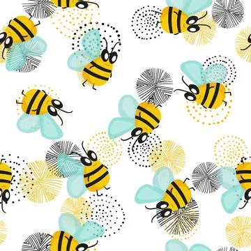 Seamless pattern with bees on floral background. Small wasp. Vector illustration Illustrazione stock