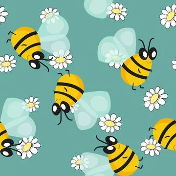 Seamless pattern with bees on floral background. Small wasp. Vector illustration イラスト素材