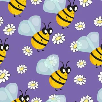 Seamless pattern with bees on floral background. Small wasp. Vector illustration Illustrazione stock