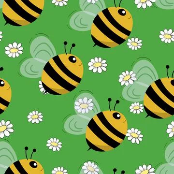 Seamless pattern with bees on floral background. Small wasp. Vector illustration Illustrazione stock