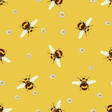 Seamless pattern with bees on floral background. Small wasp. Vector illustration Illustrazione stock