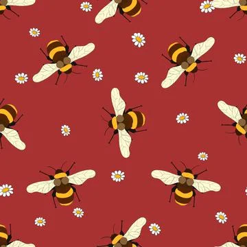 Seamless pattern with bees on floral background. Small wasp. Vector illustration Stockillustratie