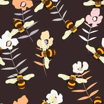 Seamless pattern with bees on floral background. Small wasp. Vector illustration Stock Illustration