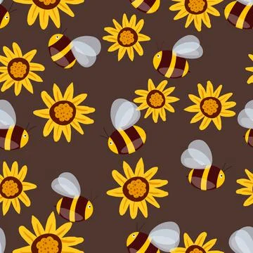 Seamless pattern with bees on floral background. Small wasp. Vector illustration 库存插图