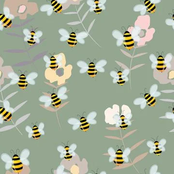Seamless pattern with bees on floral background. Small wasp. Vector illustration Stock Illustration