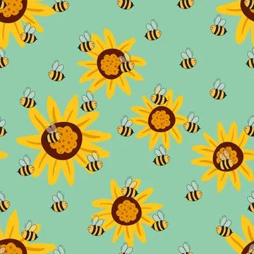 Seamless pattern with bees on floral background. Small wasp. Vector illustration Stock Illustration