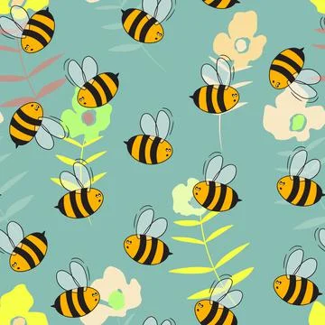 Seamless pattern with bees on floral background. Small wasp. Vector illustration Stock Illustration