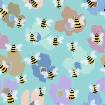 Seamless pattern with bees on floral background. Small wasp. Vector illustration Illustrazione stock
