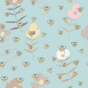 Seamless pattern with bees on floral background. Small wasp. Vector illustration Stock Illustration
