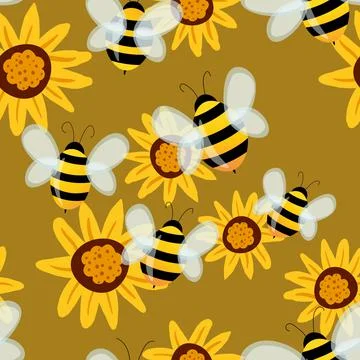 Seamless pattern with bees on floral background. Small wasp. Vector illustration Illustrazione stock