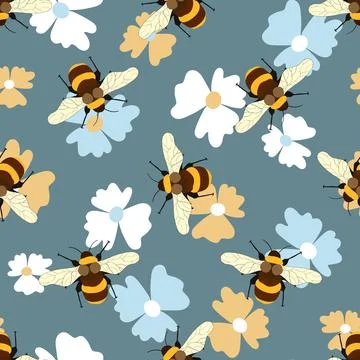 Seamless pattern with bees on floral background. Small wasp. Vector illustration Illustrazione stock