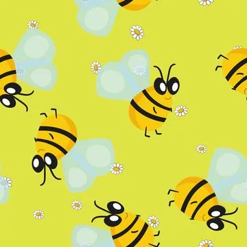 Seamless pattern with bees on floral background. Small wasp. Vector illustration イラスト素材