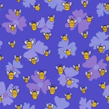 Seamless pattern with bees on floral background. Small wasp. Vector illustration 库存插图