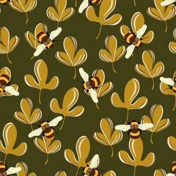 Seamless pattern with bees on floral background. Small wasp. Vector illustration Illustrazione stock
