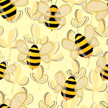 Seamless pattern with bees on floral background. Small wasp. Vector illustration Stock Illustration