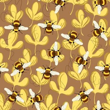 Seamless pattern with bees on floral background. Small wasp. Vector illustration Illustrazione stock