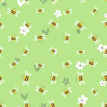 Seamless pattern with bees on floral background. Small wasp. Vector illustration Illustrazione stock