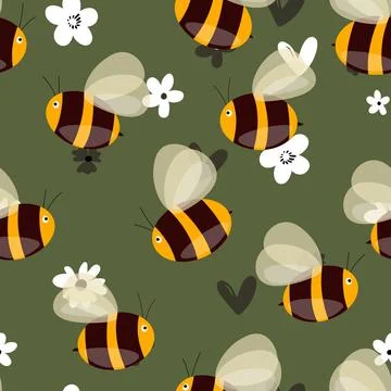 Seamless pattern with bees on floral background. Small wasp. Vector illustration Stock Illustration