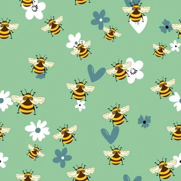 Seamless pattern with bees on floral background. Small wasp. Vector illustration Stockillustratie