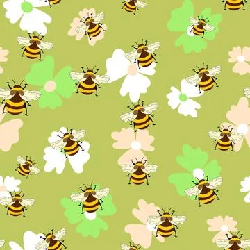 Seamless pattern with bees on floral background. Small wasp. Vector illustration Illustrazione stock