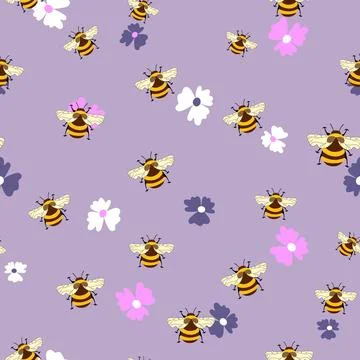 Seamless pattern with bees on floral background. Small wasp. Vector illustration イラスト素材