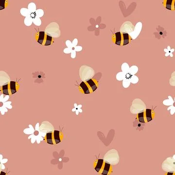 Seamless pattern with bees on floral background. Small wasp. Vector illustration イラスト素材