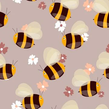 Seamless pattern with bees on floral background. Small wasp. Vector illustration Stock Illustration