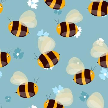 Seamless pattern with bees on floral background. Small wasp. Vector illustration Stock Illustration