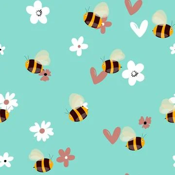 Seamless pattern with bees on floral background. Small wasp. Vector illustration Illustrazione stock