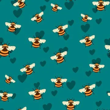 Seamless pattern with bees on floral background. Small wasp. Vector illustration Stock Illustration