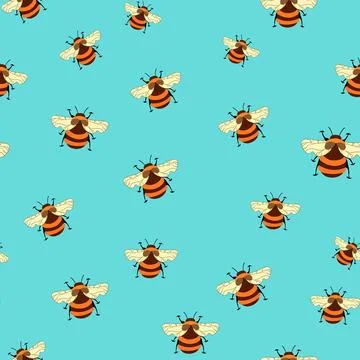 Seamless pattern with bees on floral background. Small wasp. Vector illustration Illustrazione stock