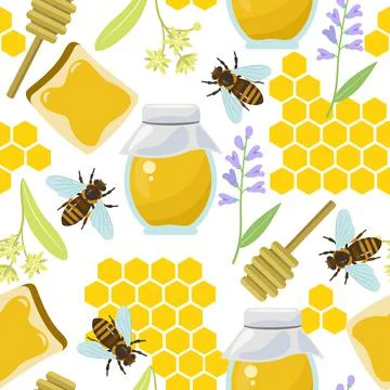 Seamless pattern with bees, flowers and honeycomb. Colorful summer texture. Stock Illustration