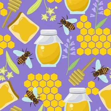 Seamless pattern with bees, flowers and honeycomb. Colorful summer texture. Illustrazione stock
