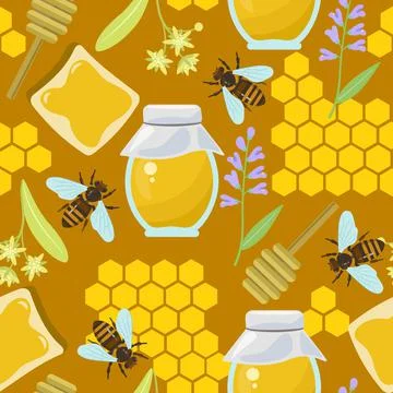Seamless pattern with bees, flowers and honeycomb. Colorful summer texture. Stock Illustration