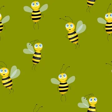 Seamless pattern with bees on green background. Small wasp. Flat vector Stock Illustration