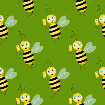 Seamless pattern with bees on green background. Small wasp. Vector illustration Stock Illustration