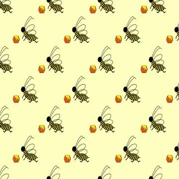 Seamless pattern of bees with honey pots. Stock Illustration
