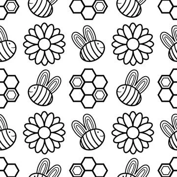 Seamless pattern of bees, honeycomb and flowers Illustrazione stock