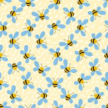 Seamless pattern with bees on light background. Adorable cartoon wasp characters Stock Illustration